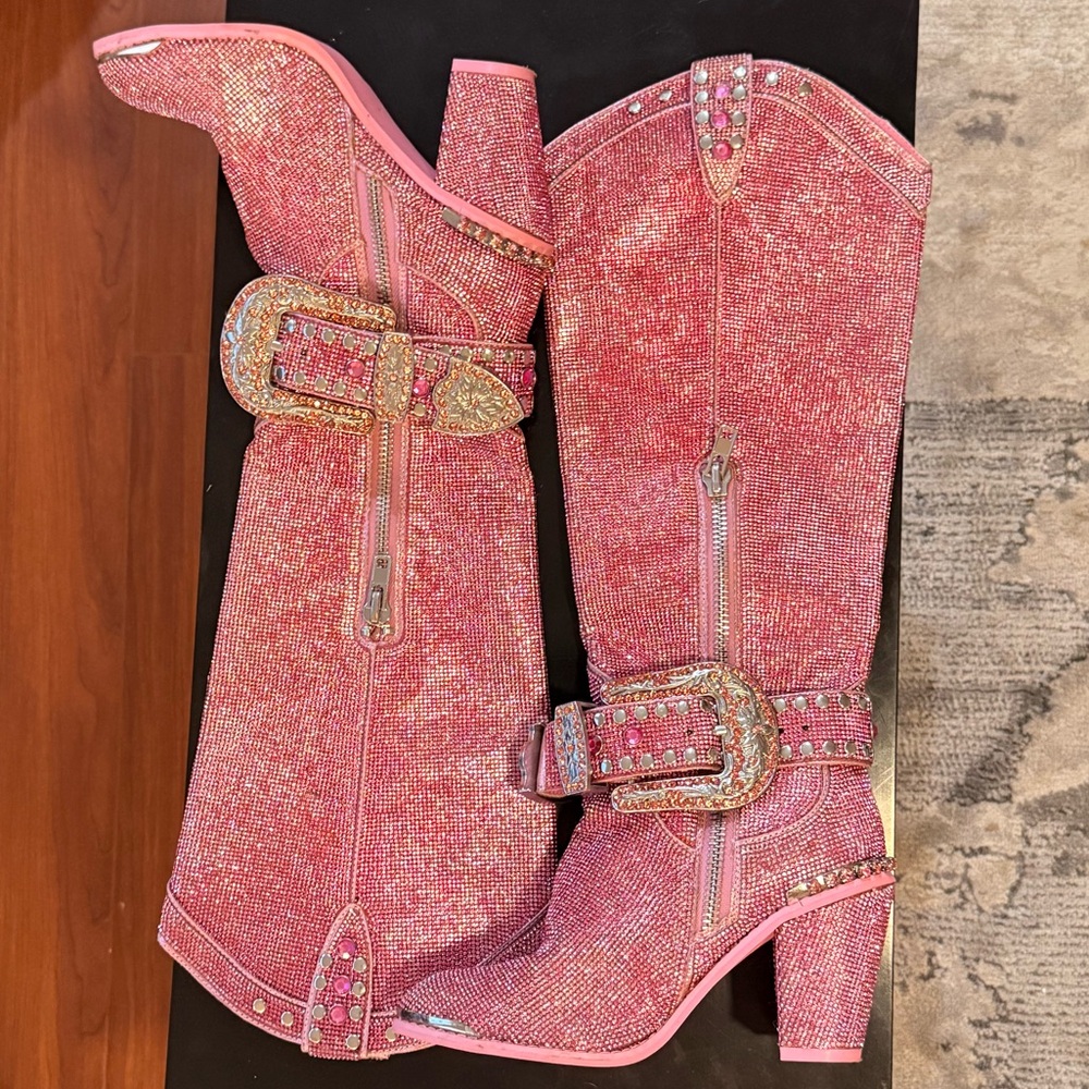 (Out of Stock Online) Dolls Kill-Pink SHERIFF Shine Knee High Cowboy Boots